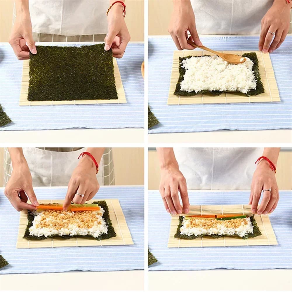 Elegantne bambusest sushimatt valge viimistlusega merevetikate riisirulli keeramiseks kleepumatu jaapani stiilis köögi esmavajadus sushi valmistamiseks